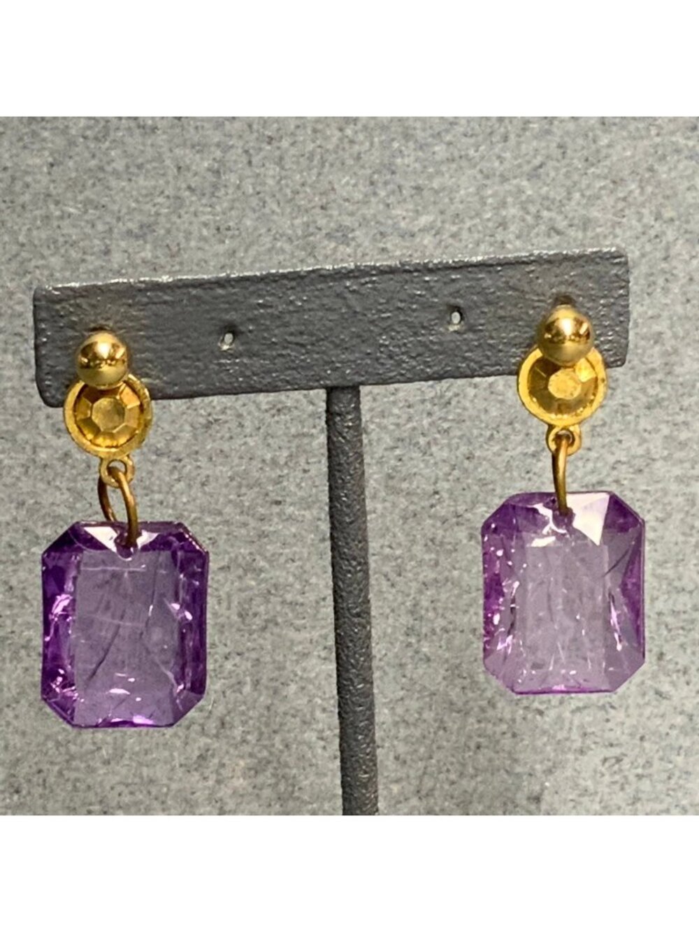 Rectangular Dangle Pierced Earrings 1.5 In Faceted Purple Gold Ball Stud Vintage